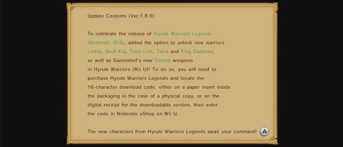 Versión 1.8 de Hyrule Warriors para Wii U